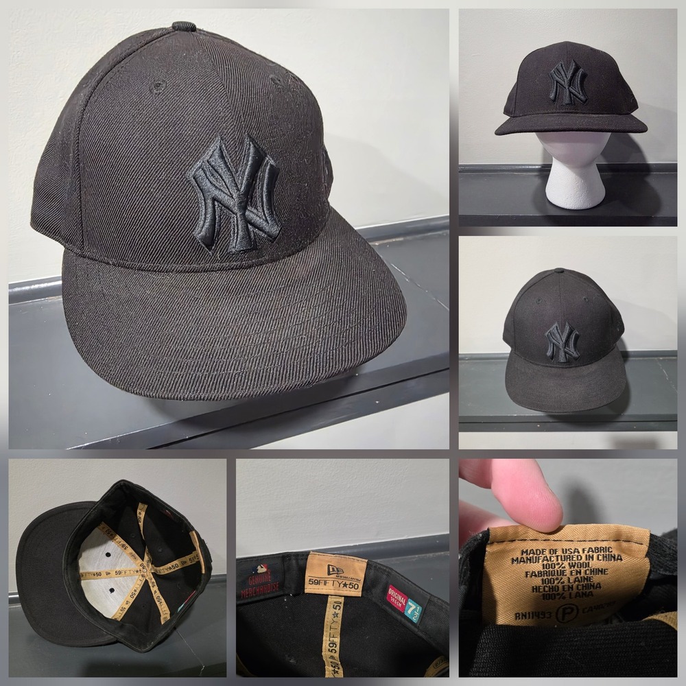 New York Yankees Hat Cap Fitted Mens 7 1/2 Black MLB Baseball New Era 59Fifty